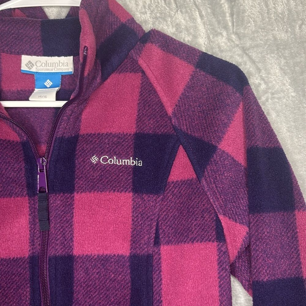 Columbia Pink Purple Plaid Patchwork Full Zip Soft Fleece Jacket Size 14/16 - Picture 4 of 9